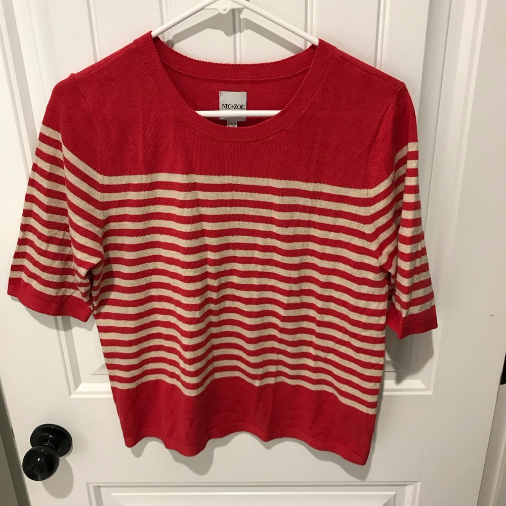 NIC+ZOE Red and Cream Striped Short Sleeve Knit Top